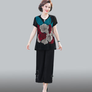 Mothers Day Mom Summer Clothes Loose Large Size T-shirt Middle-Aged Womens Two-Piece Suit Middle-Aged and Elderly plus Size Clothes