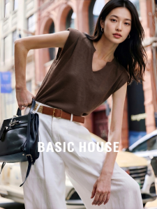Basic House | Elegant Brown V-Neck Waist-Shaped Sleeveless Women T-Shirt