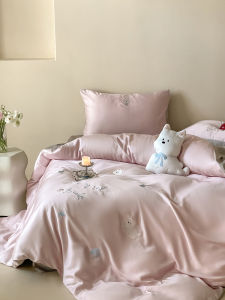 Cute Girl Heart Cold Sense Healing Embroidery Silk Bedding Set Duvet Cover Sheet Lightweight Summer Comforter Quilt Covers