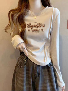 Double-Sided Velvet Long Sleeve round Neck T-Shirt Womens Short Style Base Layer Warm Top for Autumn Winter Versatile Fishbone Design