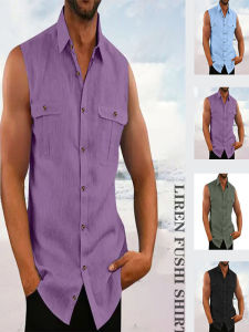 Casual Solid Color Lapel Sleeveless Shirt Turn-down Collar Summer Polyester Fiber Slim Fit Mens Shirt Short Sleeve