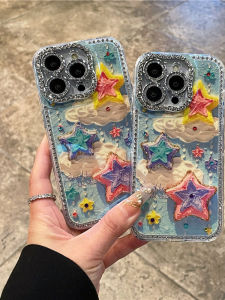Graffiti Painting Cloud Star Diamond Edge Frame Phone Case for iPhone 16 pro Max 15 pro New Model 12 Stars 14 pro Full Cover 13 Anti-Fall 11 Protective Case
