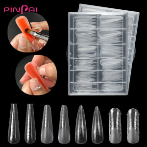 Pinpai 120 Pcs Bán Frosted Poly móng gel giả Kép khuôn móng Dài Quan Tài Stiletto Khuôn Móng Giả Acrylic Gel giả từ Pháp Móng Tay