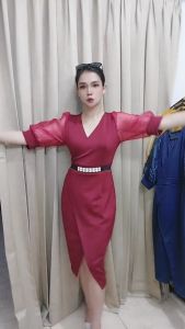 LooWear - Dress Formal Scuba Wanita Lengan Puff 3/4 Desain Korean Style Terbaru