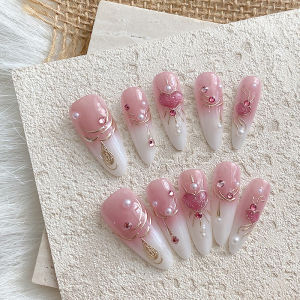 10pcs pure hand pressed almond shaped nail art beautiful fake nails cherry blossom powder gradient suitable for women to use