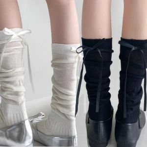 2 cặp Lolita tất dài Dải buộc cho nữ nơ ruy băng cô gái ngọt ngào dễ thương tất ống dài trung bình ba lê phong cách màu trơn vớ trắng đen