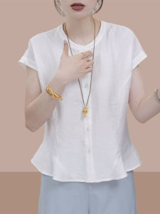 Shalldoer | Casual Style Womens Short Sleeve Shirt Single Row Multi-Buckle Hem Lace Trim Pure Color Versatile Slimming Top Summer New Arrival