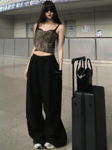 Quần Dài Công Sở Nhanh Khô Màu Đen Cho Nữ Mùa Hè Mới Khóa Kéo Bên Hông Quần Dài Rộng Rãi Thoải Mái Có Túi