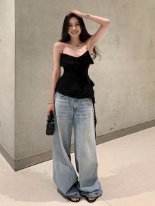 VKSOD | Áo vest không tay màu đen gợi cảm cổ chữ V xếp ly thời trang mùa hè 2025 cho nữ cạp cao ôm sát không đều