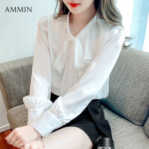 AMMIN Mùa Xuân Và Mùa Thu Mới Cổ Chữ V Kiểu Pháp Với Nơ Ren Tay Dài Đi Làm Áo Voan Cho Nữ Phiên Bản Hàn Quốc Phong Cách Peplum Khâu Sọc OL Áo Blouse Thanh Lịch