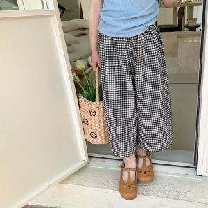 Girls Loose Eighteen Pants Anti-Mosquito Casual Pants Black White Plaid Wide Leg Pants Retro Style Cotton Breathable Summer Trousers