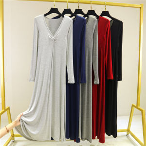Slim Fit Long Sleeve V Neck Modal Dress Korean Style Commute Pure Color Summer Thin Large Swing Skirt Base Long Dress