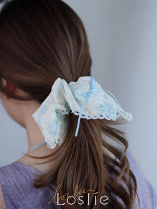 Loslie Sweet Heart French Lace Girl Butterfly Knot Flower Spring Summer Lace Edge Scarf Hair Tie Hair Accessories