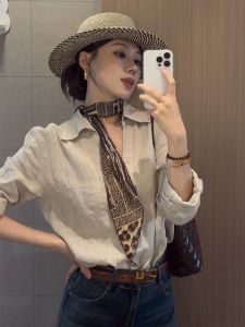 French Vintage Cotton Linen Long Sleeve Polo Neck Shirt Women Early Autumn Lazy Style Sunscreen Commute Top Loose Fit Shirt