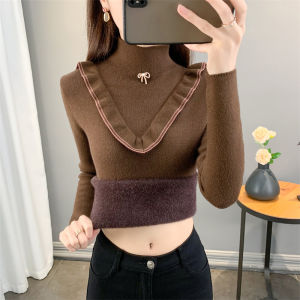 Womens Fleece Lined Thickened Half High Collar Knitwear Inner Wear Autumn Winter High End Feel New 2024 One Piece Velvet Top
