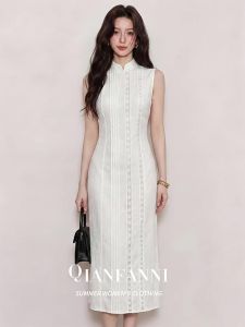 QFN | Chinese Style Sleeveless Lace Embroidery Dress White Slimming Fit Straight Cut Dress
