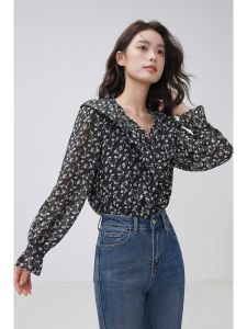 Fashulous Floral Print V-Neck Womens Shirt Spring Black Chiffon Long Sleeve Loose Fit French Design Sense Blouse
