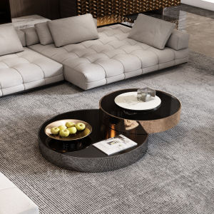 Modern Luxury Rotating Coffee Table Simple Circular Extendable Combination Living Room Glass Top Stainless Steel Base Tea Desk