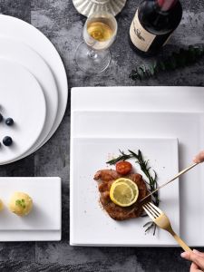 Pure White Ceramic Dining Set Creative Square Flat Plate Western Steak Dinner Cold Meal Cake Pastries Tray European Style