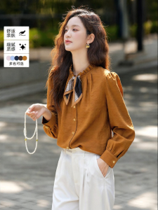 Vimly | Áo Blouse Cổ Nơ Vải Lin Orange Pha Chất Liệu Cổ Điển 26 Mới Thu