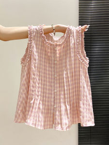 LUOSHAO | Sweet Pink Checkered Peter Pan Collar Sleeveless Loose Fit Slimming Doll Shirt