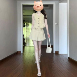 CHANGTONG | Elegant Two-Piece Set With Pleated Mini Skirt And Vest Top In Small Fragrance Style High-Quality Cotton V-Neck Button-Up Design