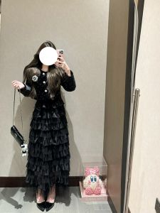High Waist Layered Cake Style Spliced Net Skirt Womens Mid-Length A-Line Skirt Black Spring Autumn New Arrival