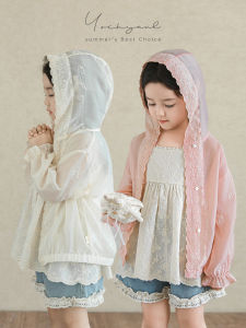 Lightweight Breathable Lace Trim Sun Protection Clothes for Girls Summer Casual Cotton Blend Fabric Hooded Loose Shoulder Coat