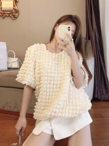 Spring Summer Womens Sleeveless round Neck Bubble Gauze Short Sleeve Chiffon Top Asymmetrical Design Sweet Style Pure Color