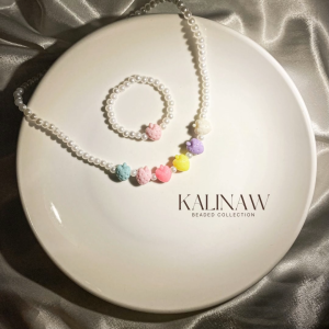 KALINAW Cute Pearl & Strawberry Candy Colored Pastel Necklace & Bracelet Set for Kids