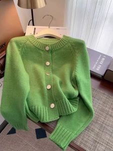 Green Soft Knitted Open Cardigan Womens Spring Autumn New Style Elegant Versatile Outerwear Sweater Short Jacket Korean Version