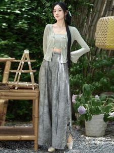 Fashionable Knitted Set Womens Early Autumn New Chinese Design Wide Leg Pants V-Neck Button Closure Sleeveless Top And Cardigan