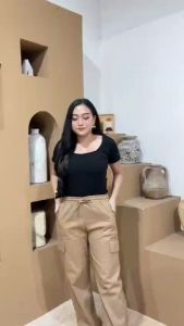 Celana Panjang Cargo Wanita Bahan Chino Twill Combat Premium Pinggang Karet Kekinian Terbaru