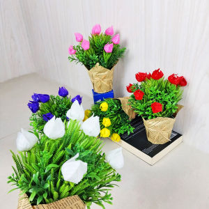 Azgalery PBP88 / Tanaman Hias Tulip Artificial Pot Bunga Buatan Plastik Ornamen Hiasan Pajangan Dekorasi Rumah Outdoor Indoor Cantik / COD