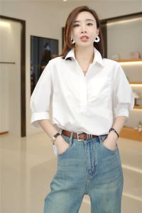 SHIMO | Stylish Niche French Short Sleeve White Women Shirt