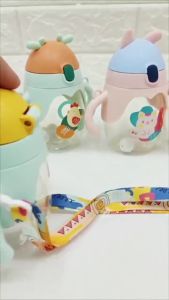 350ml Cute Cartoon Kids Water Cup Non-Spill Training Cup Leak-Proof With Gravity Ball Straw Handle Strap Drinking Bottle