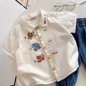 Boys Summer Cartoon Embroidered White Shirt Childrens Baby Turn-down Collar Casual Top Trendy Cotton Fabric Short Sleeve