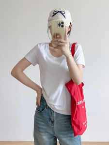 Áo Thun Cổ Tròn Tay Ngắn Thường Ngày Mùa Hè Cho Nữ Áo Thun Cotton Mỏng Thấm Hút Mồ Hôi Dáng Ôm Vừa Vặn Màu Trơn