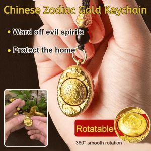 Turn The Twelve Zodiac Gold Ingot Keychain Ring Daily Gold Rotatable Keychain Pendant Retro Car Key Ornament