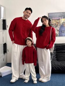 Áo Len Dệt Kim Màu Đỏ Cho Mẹ Và Con Gái Áo Len Dệt Kim Kiểu Hàn Quốc Cho Gia Đình Mùa Thu Đông Áo Len Cổ Tròn Ấm Áp