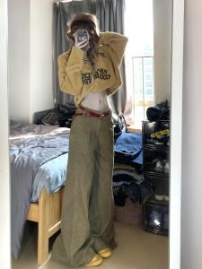 American Retro Khaki High Waist Wide Leg Jeans Womens Spring Summer New Loose Slimming Drapey Straight Floor-Length Pants