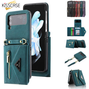 KISSCASE 3 Card Slots Zipper Wallet Leather Case For Samsung Zflip5 5G Diagonal Strap With Lanyard Strap Folio Vintage Flip Leather Holder Long Lanyard Crossbody Phone Cover for Galaxy Z Flip5 Flip4 Flip3 5G