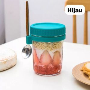 AWOP3512 Tempat Sarapan Botol Kaca 350Ml + Sendok Stainless Gagang Kayu Breakfast Cup