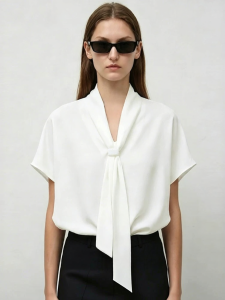 AMII | Spliced Satin Scarf Collar Loose Batwing Sleeve Blouse
