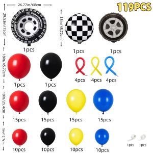 119Pcs Racing-Themed Balloon Arch Set Red Black Yellow and Blue Latex Balloons Paired with Large Tires 18inch Black and White Checkered Foil Balloons Suitable for Birthday Racing Events Bachelor Parties and Other Scene Decorations