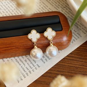 Fashionable Pearl Earrings Womens Style round Face Suitable Elegant Personality Four Leaf Clover Ear Jewelry Trendy New 2025