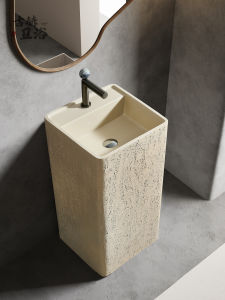 Retro Style Creamy Hole Stone Floor Mounted Bathroom Sink Column Basin for Washing Hands And Courtyard Decoration
