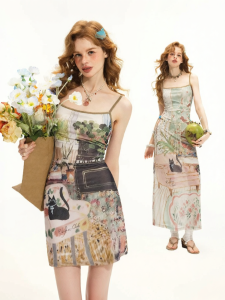Unifree | Kitten Print Lace Summer Dress Slim Fit Color Blocking Halter