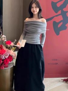 Gray One-Shoulder Womens Knitted Top Spring/Summer New Design Long Sleeve Pleated Shoulder Bared Versatile Fashionable Top