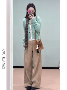 Korean Style Khaki Wide Leg Jeans Women Loose Slimming Drapey Straight Long Floor-Length Casual Pants High Waist Zipper Closure